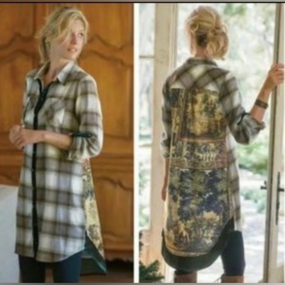 Soft Surroundings button down mid length velvet trim mix material boho shirt Med